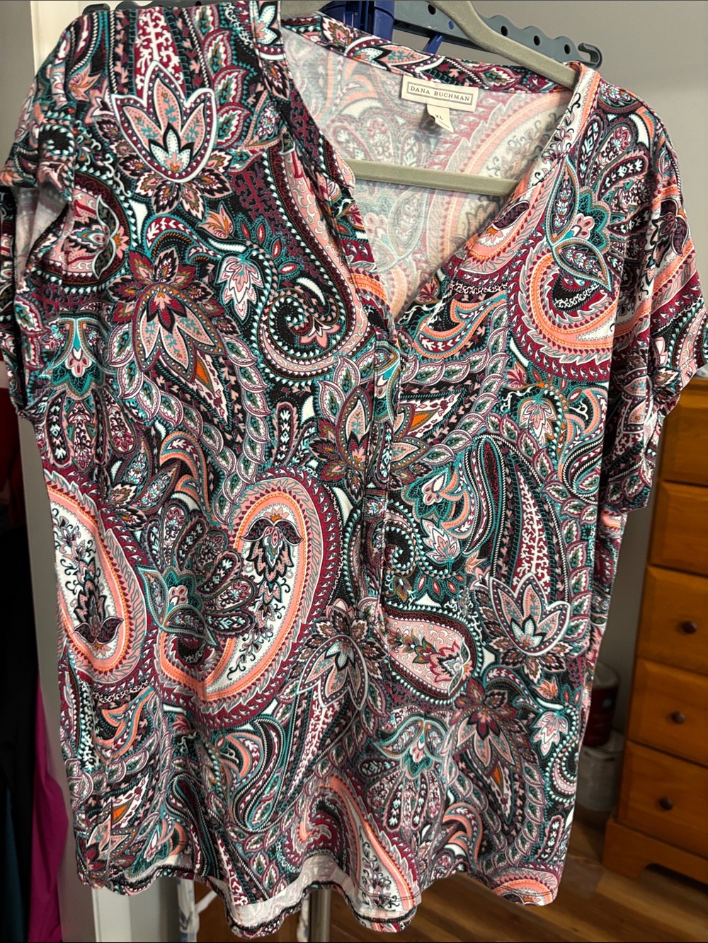 Dana Buchman Paisley V-Neck Short Sleeve Tunic - Teal/Pink/Coral